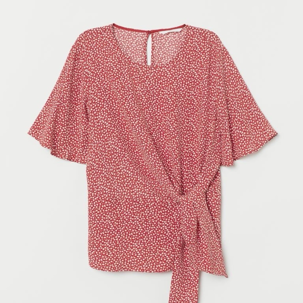 H&M Women's Blouse - Size 6 - Red with Small Daisy Print - Tie Detail